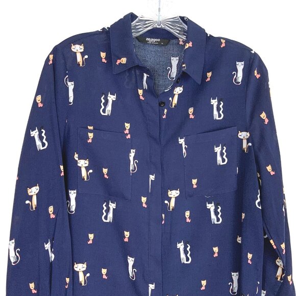 Whimsical Cat Print Navy Button Down Rayon/Viscose Shirt Blouse Sz M - Picture 8 of 16